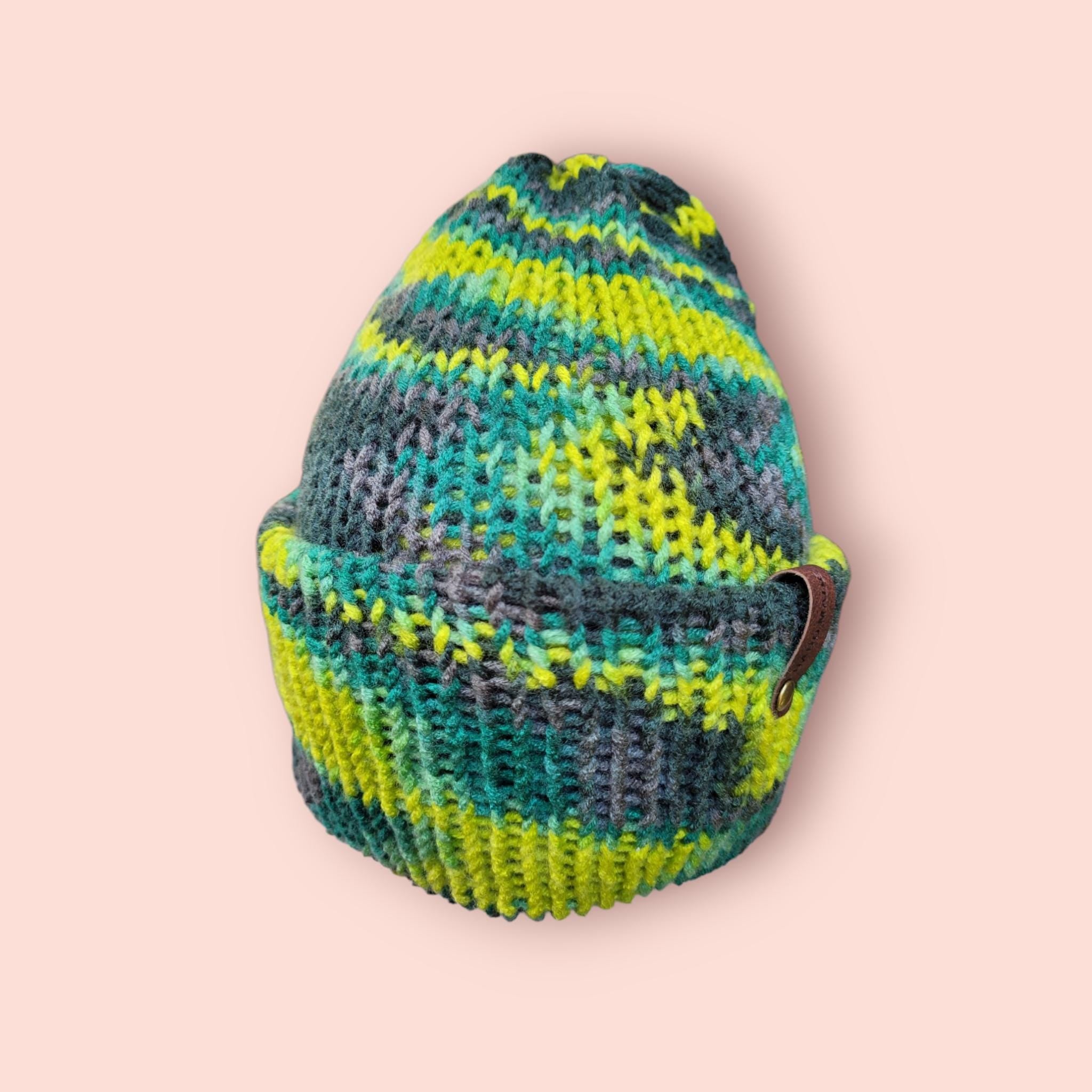 neon green, green and brown beanie hat