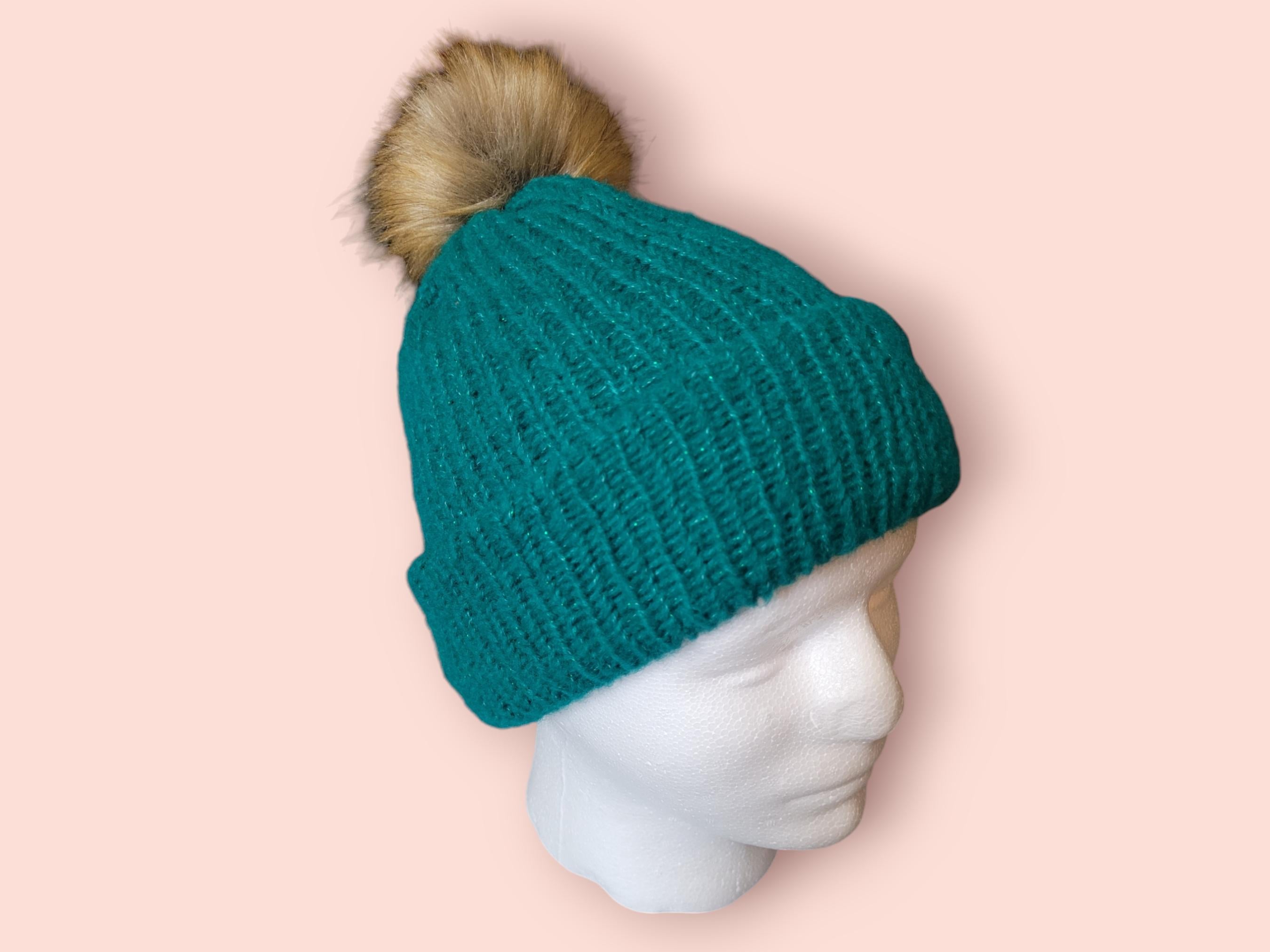 Green/sparkle warm beanie hat with pompom. with wool