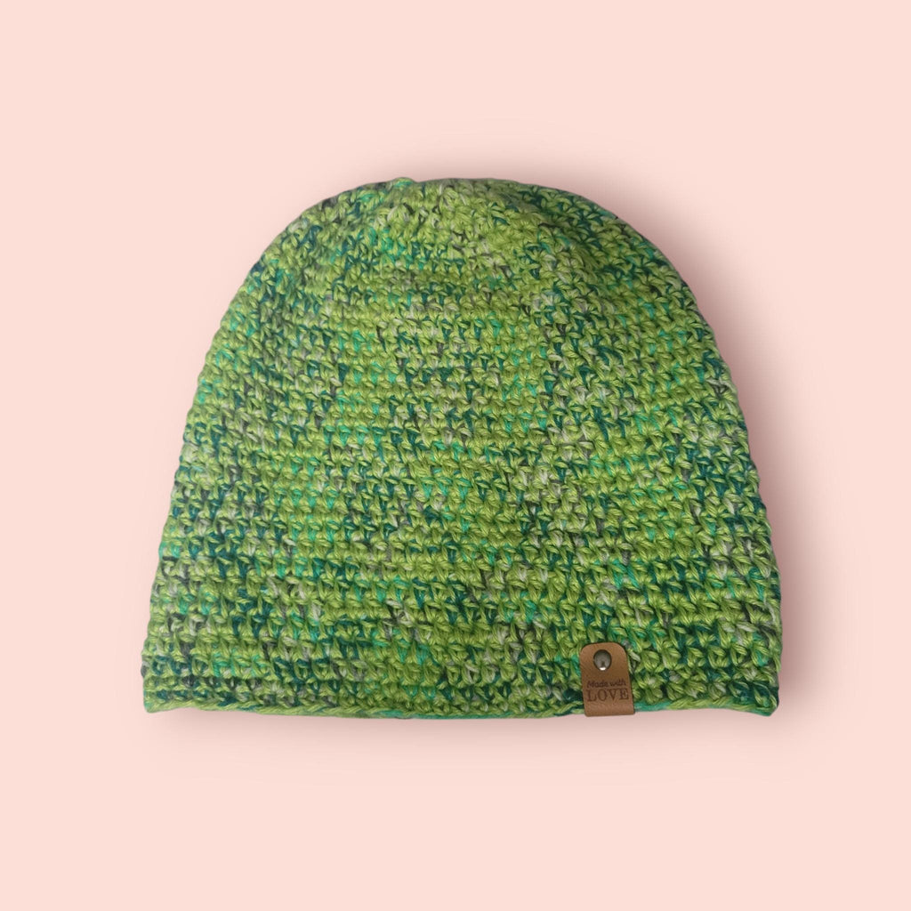 slouchy green marble beanie hat, with wool and merino, loose fit, hipster fit, breathable and soft,  comfortable beanie, bright colours
