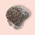 handmade knitted beanie hat, off white with splashes of colour, with merino wool, size L - XL