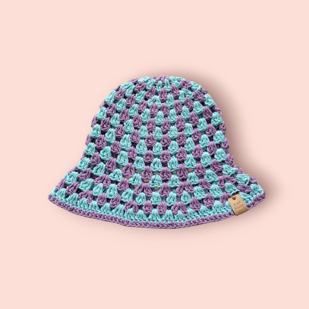 purple and aqua blue bucket hat,  festival hat,  beach and summer hat,  hand made, 100% cotton