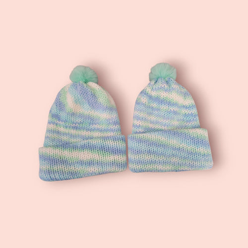 1-2 yo beanie hat, blue,  green and white,  with pompom, winter hat