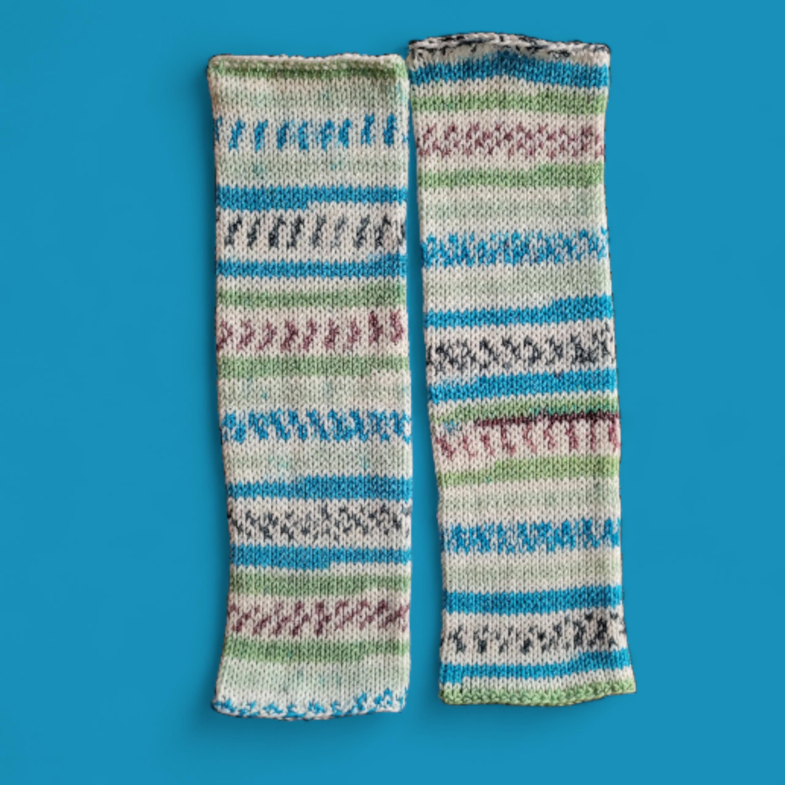 handmade leg warmers, fair isle effect, white, blue and green, acrylic