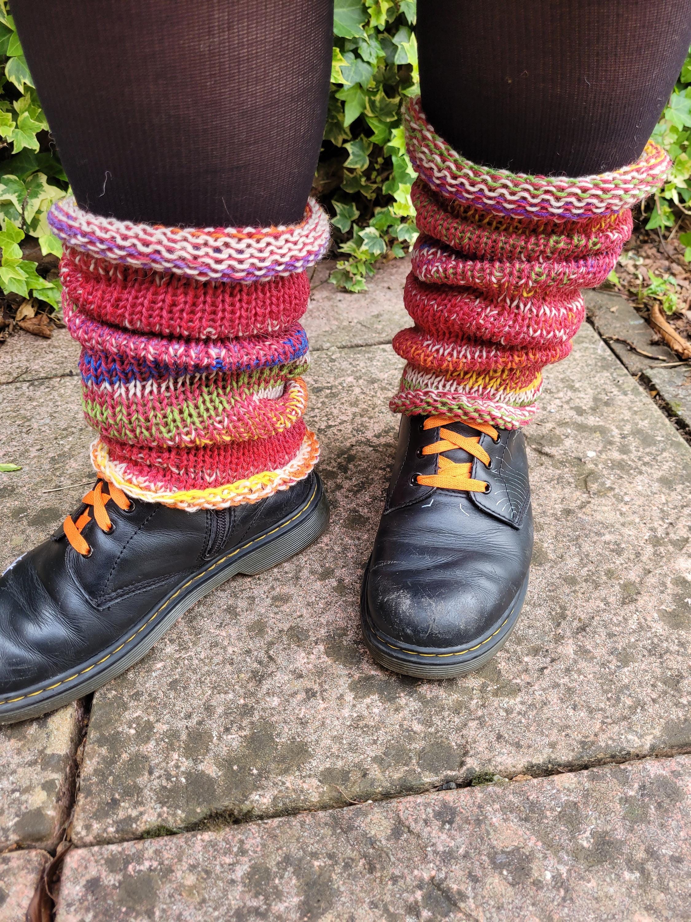 handmade leg warmers,  woolen and warm, red with rainbow