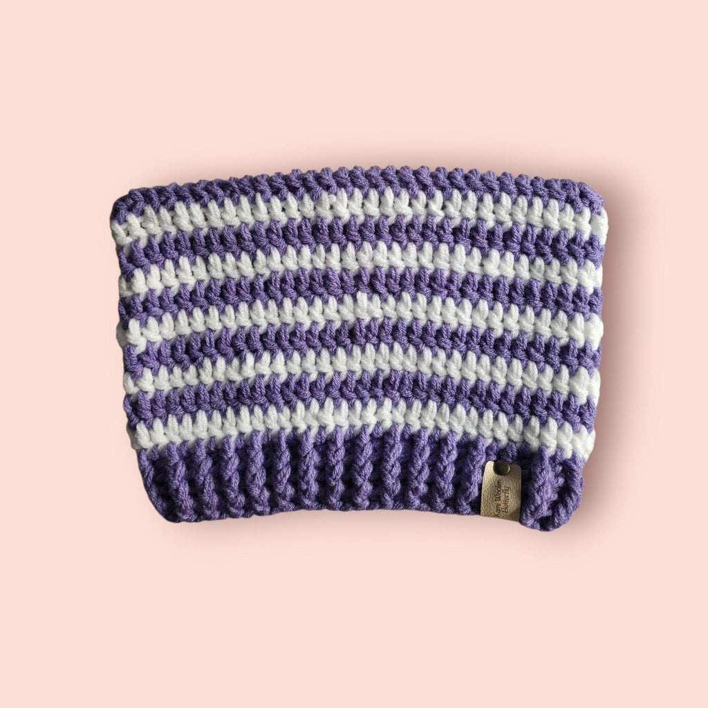 cat beanie hat, purple and white, acrylic