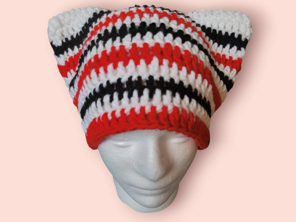 White, black and red cat beanie hat