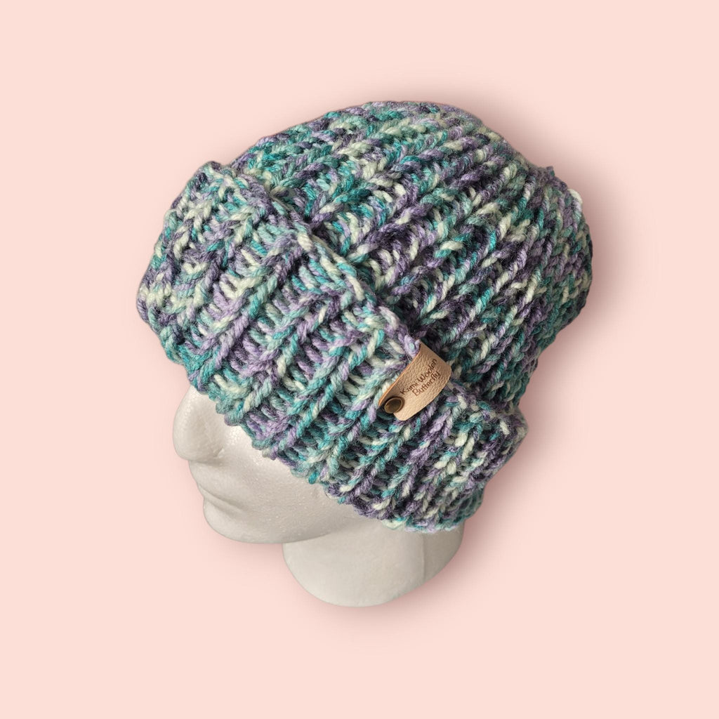 handmade knitted beanie hat, purple, green, white, with wool, flexible fit