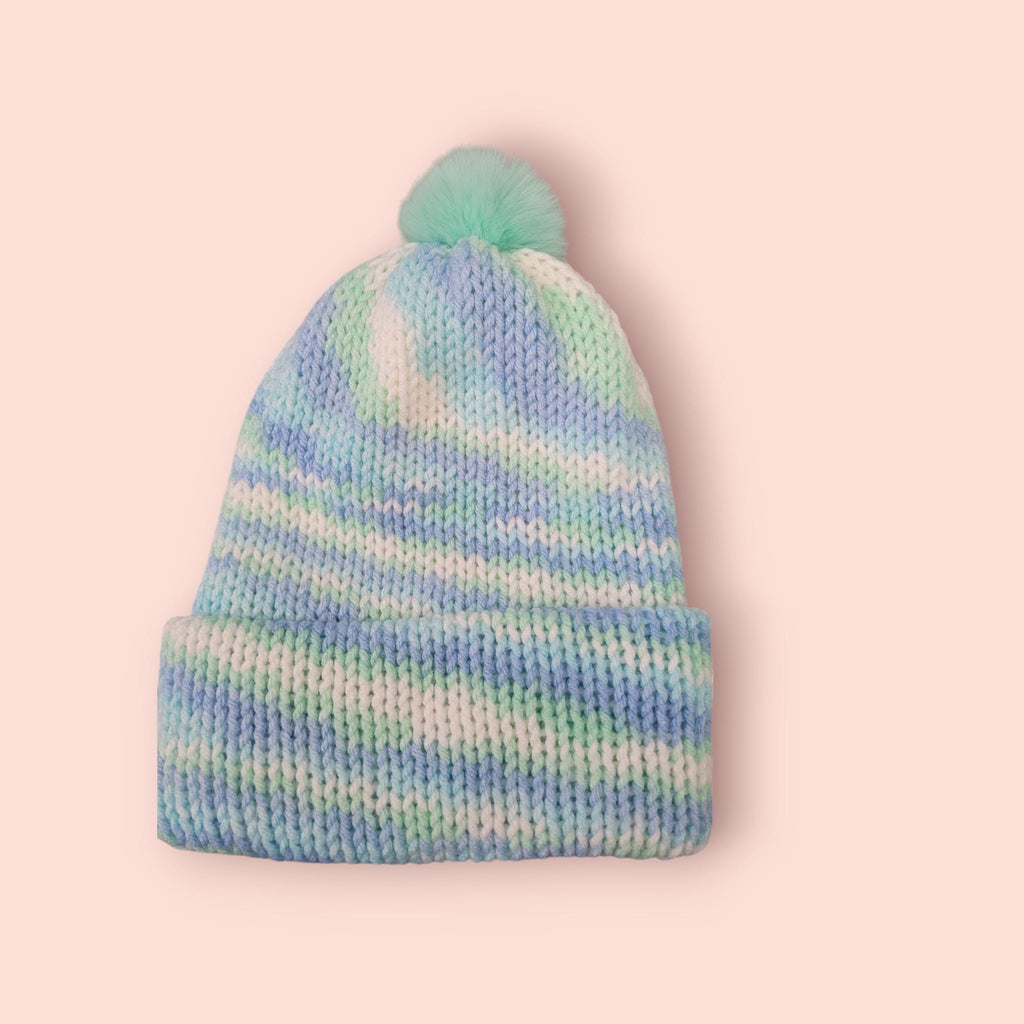 1-2 yo beanie hat, blue,  green and white,  with pompom, winter hat