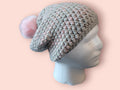 Slouchy beanie, grey/pink crochet hat with merino wool