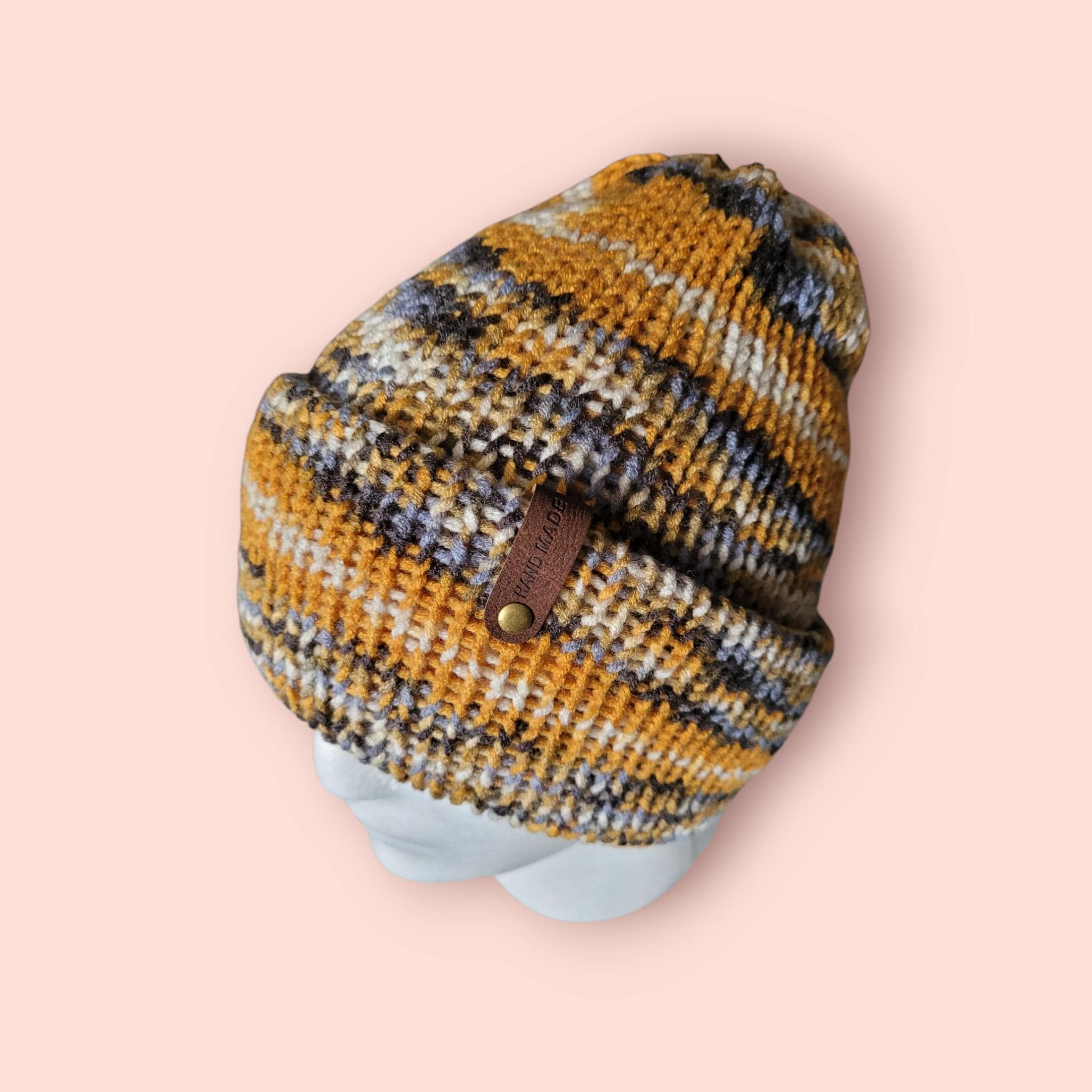 beanie hat, yellow grey white, acrylic  handmade