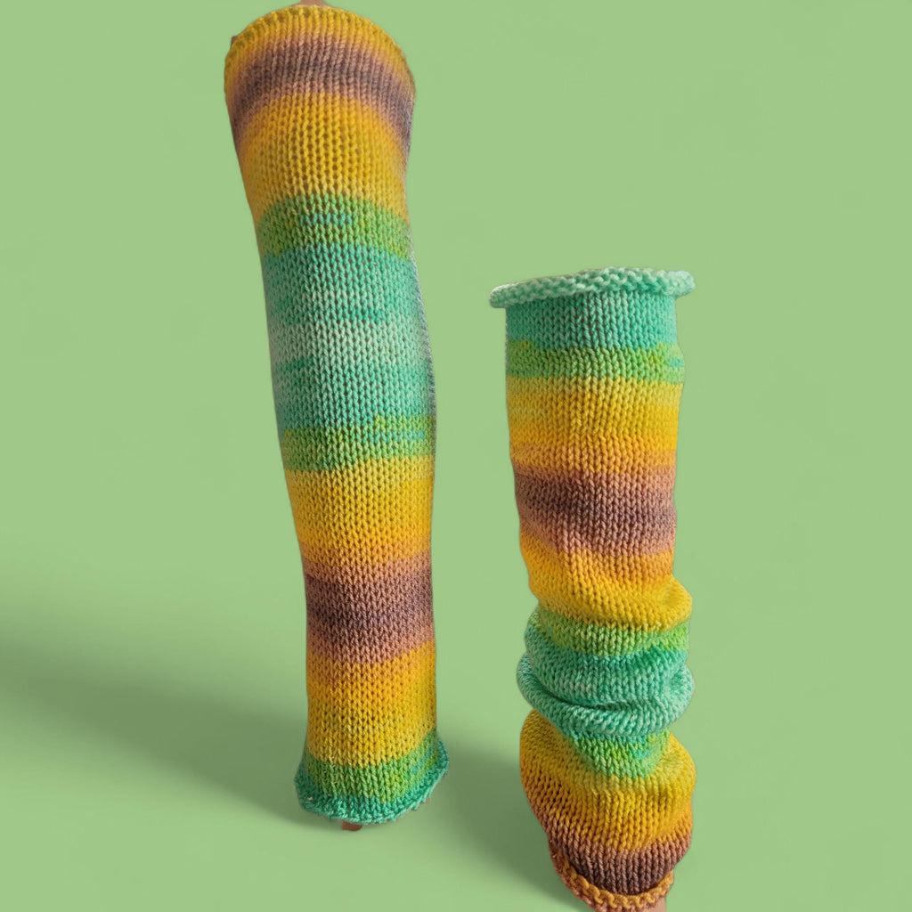 handmade leg warmers, ombre effect, green, yellow and brown, acrylic