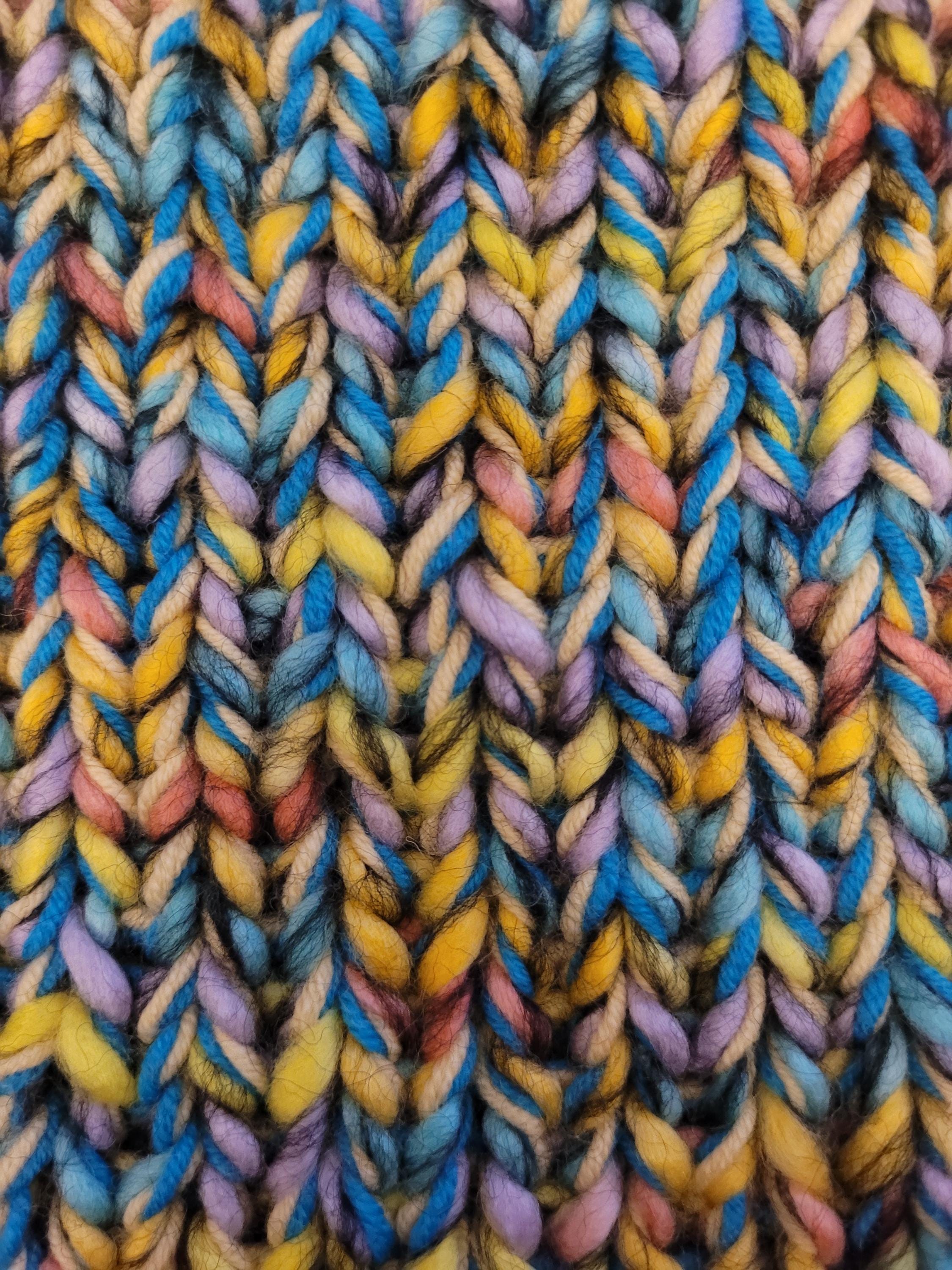 handmade XL beanie hat, yellow and blue and marble other colours, with merino wool, stretchy fit