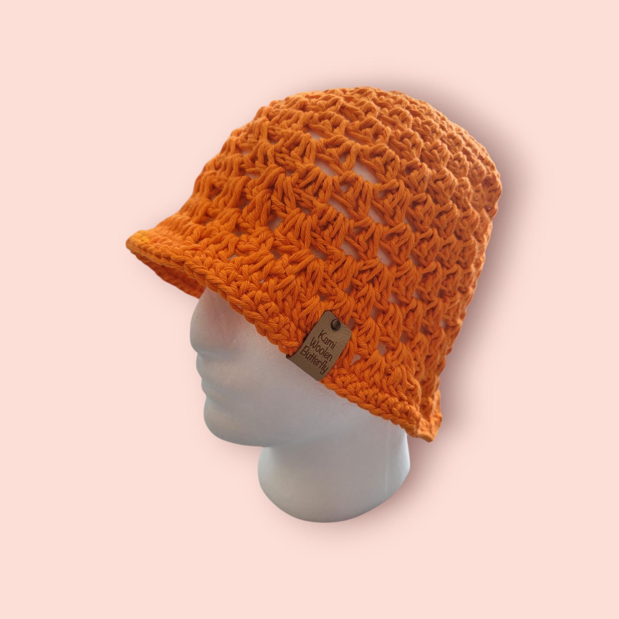 handmade crochet bucket hat,  cotton, bright orange, festival hat,  summer and beach hat
