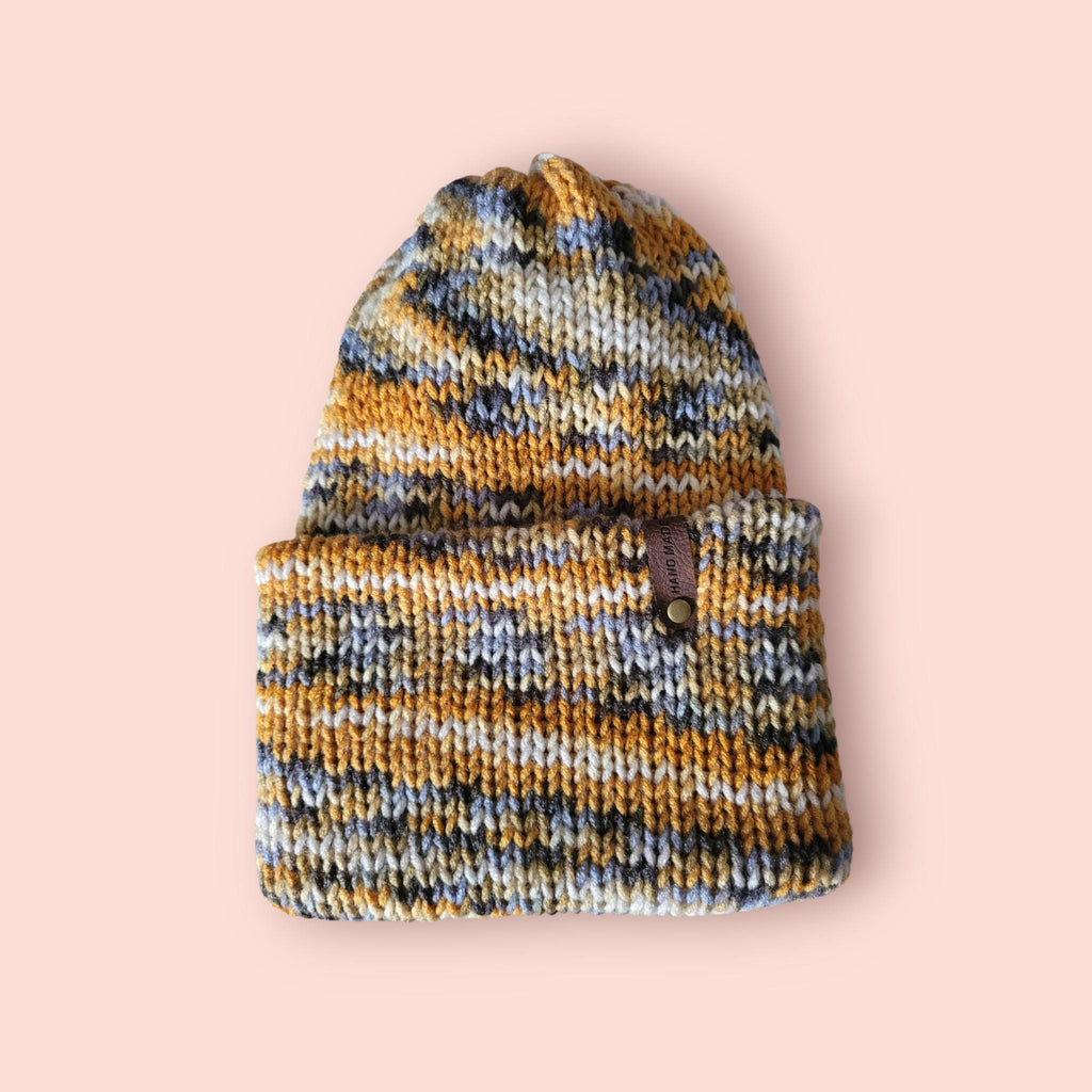 beanie hat, yellow grey white, acrylic  handmade