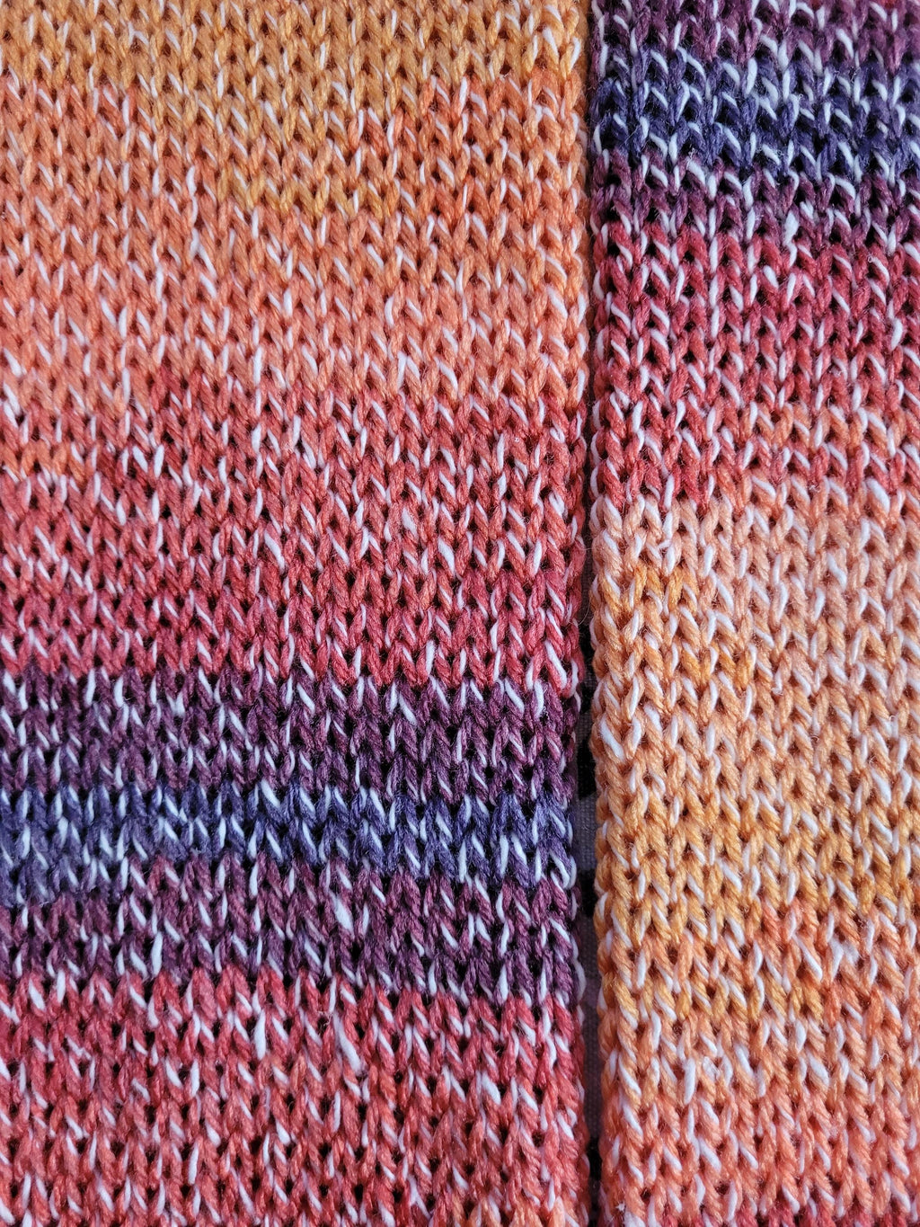 handmade leg warmers, sunset, ombre orange to dark purple, with acrylic and cotton