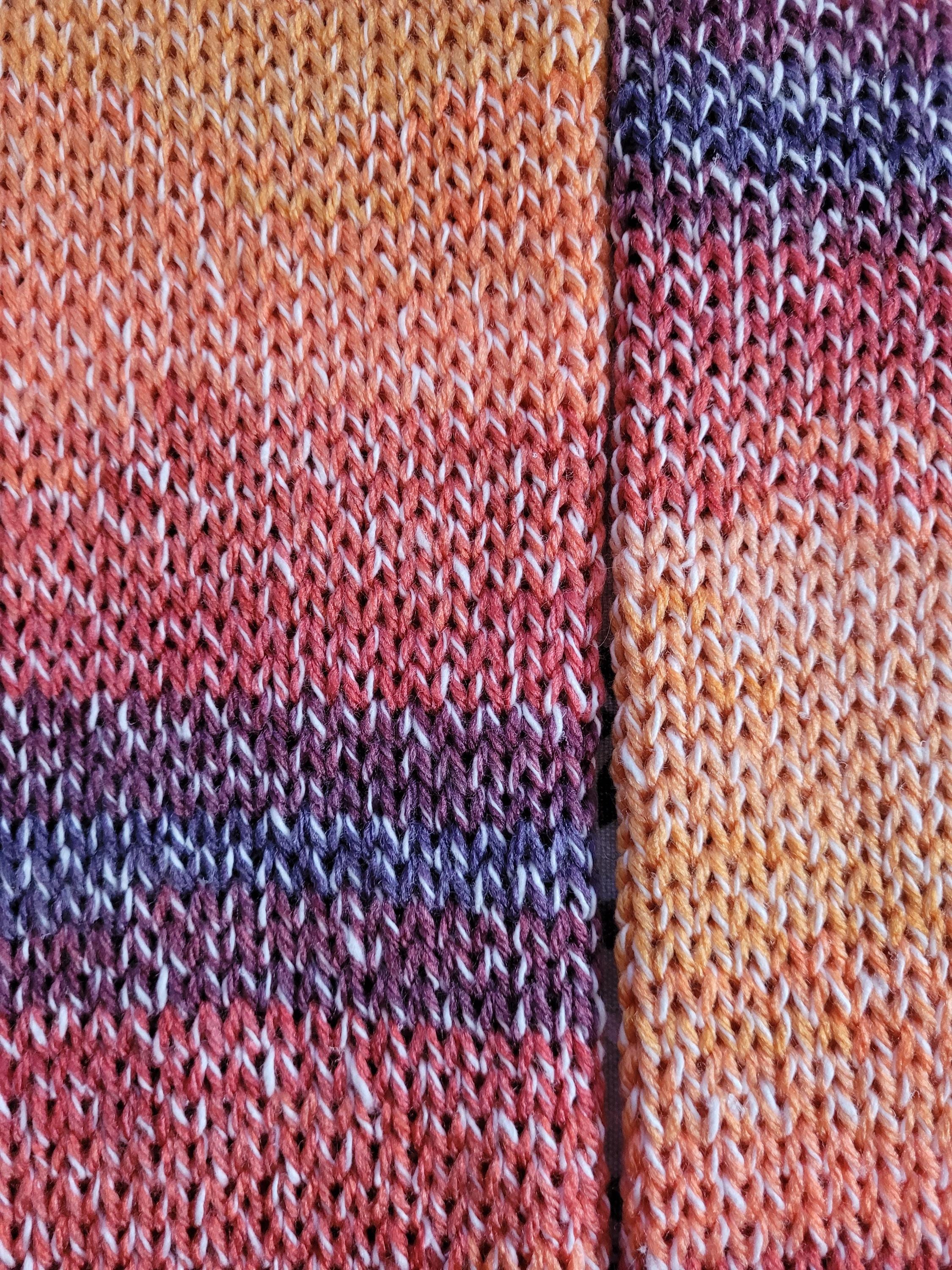 handmade leg warmers, sunset, ombre orange to dark purple, with acrylic and cotton