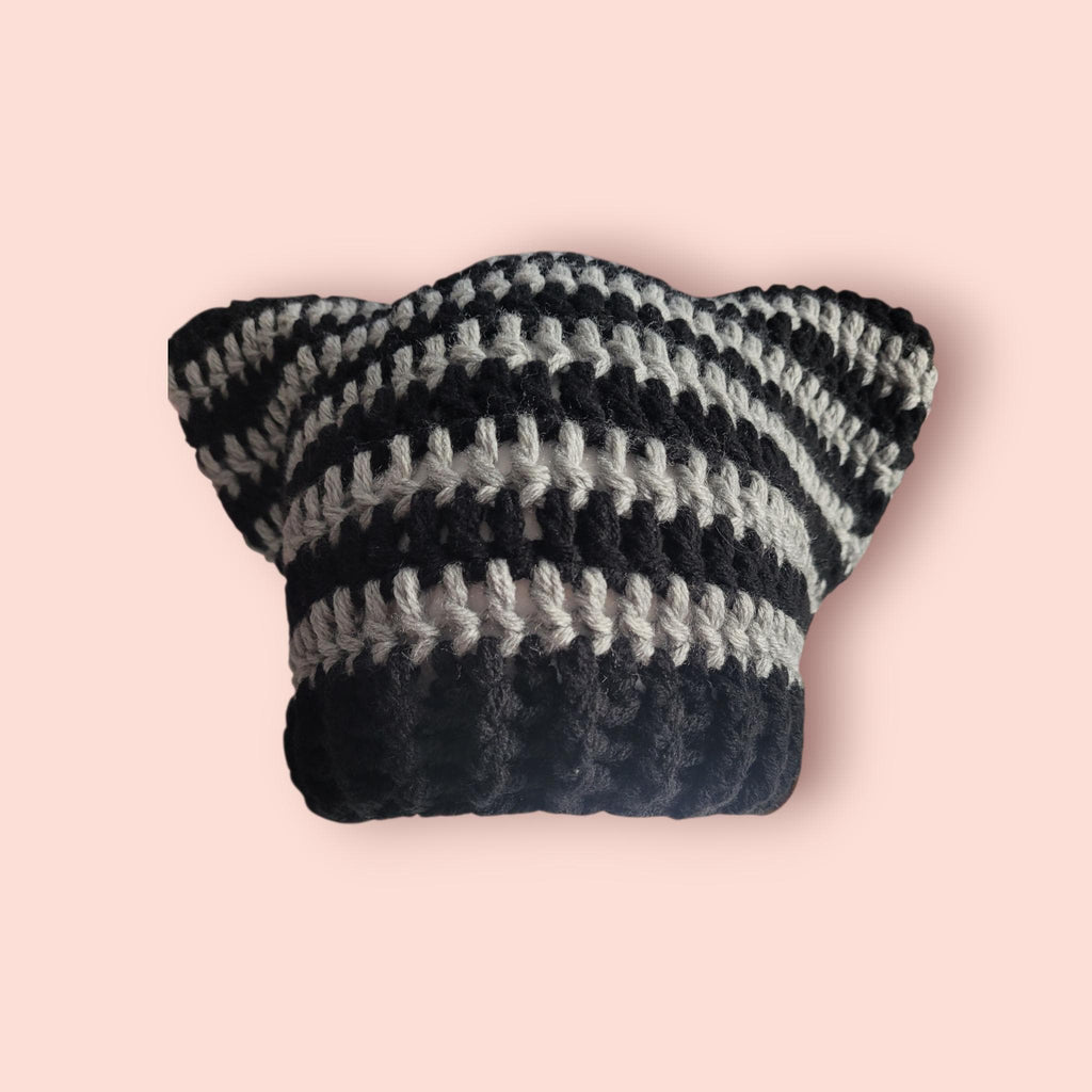 cat beanie hat, black and grey, acrylic