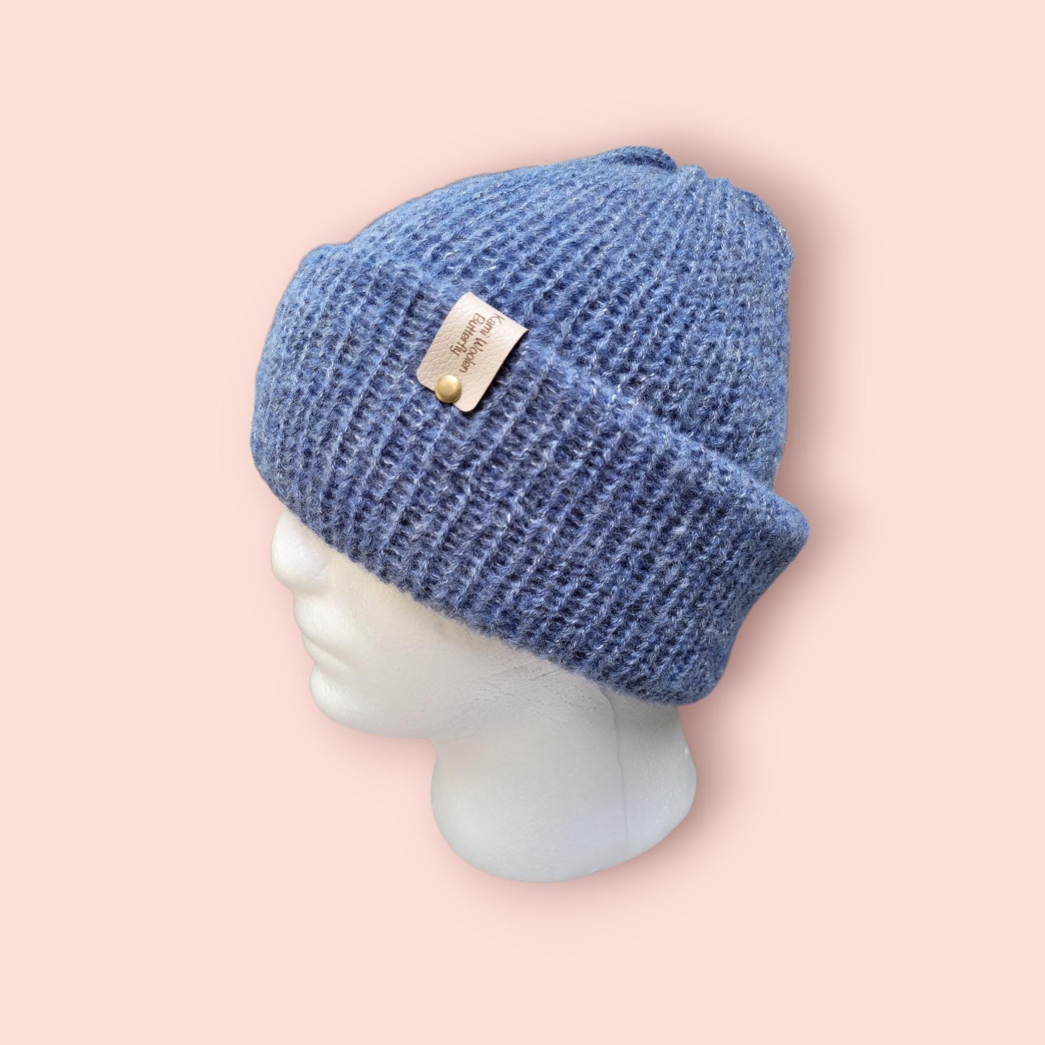 Blue and fluffy beanie hat with merino wool
