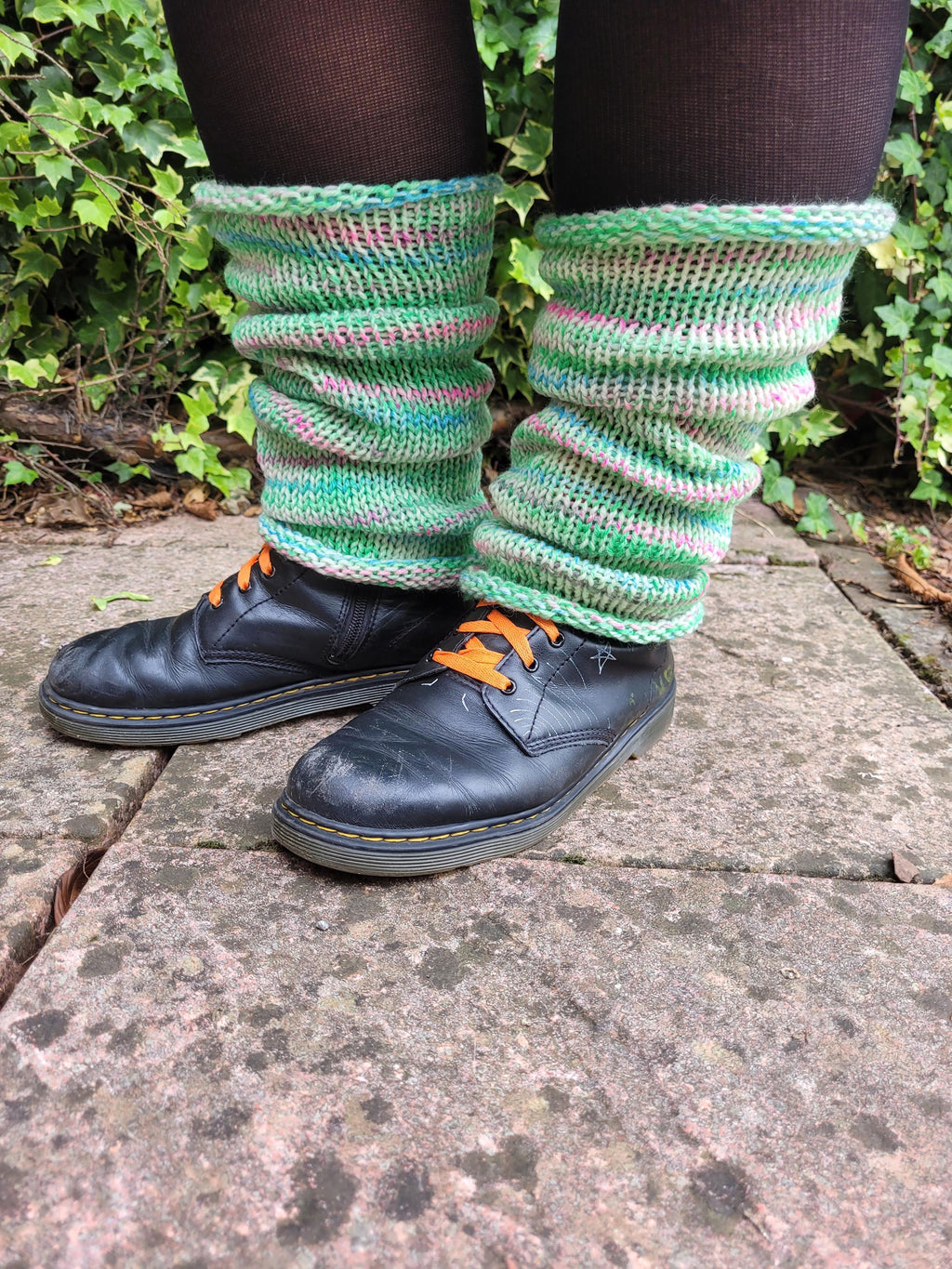 leg warmers,  woolen,  warm and breathable,  pastel colours, green, cream, pink and blue, handmade