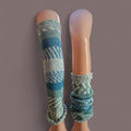 handmade leg warmers, fair isle in blues, teal and white, acrylic