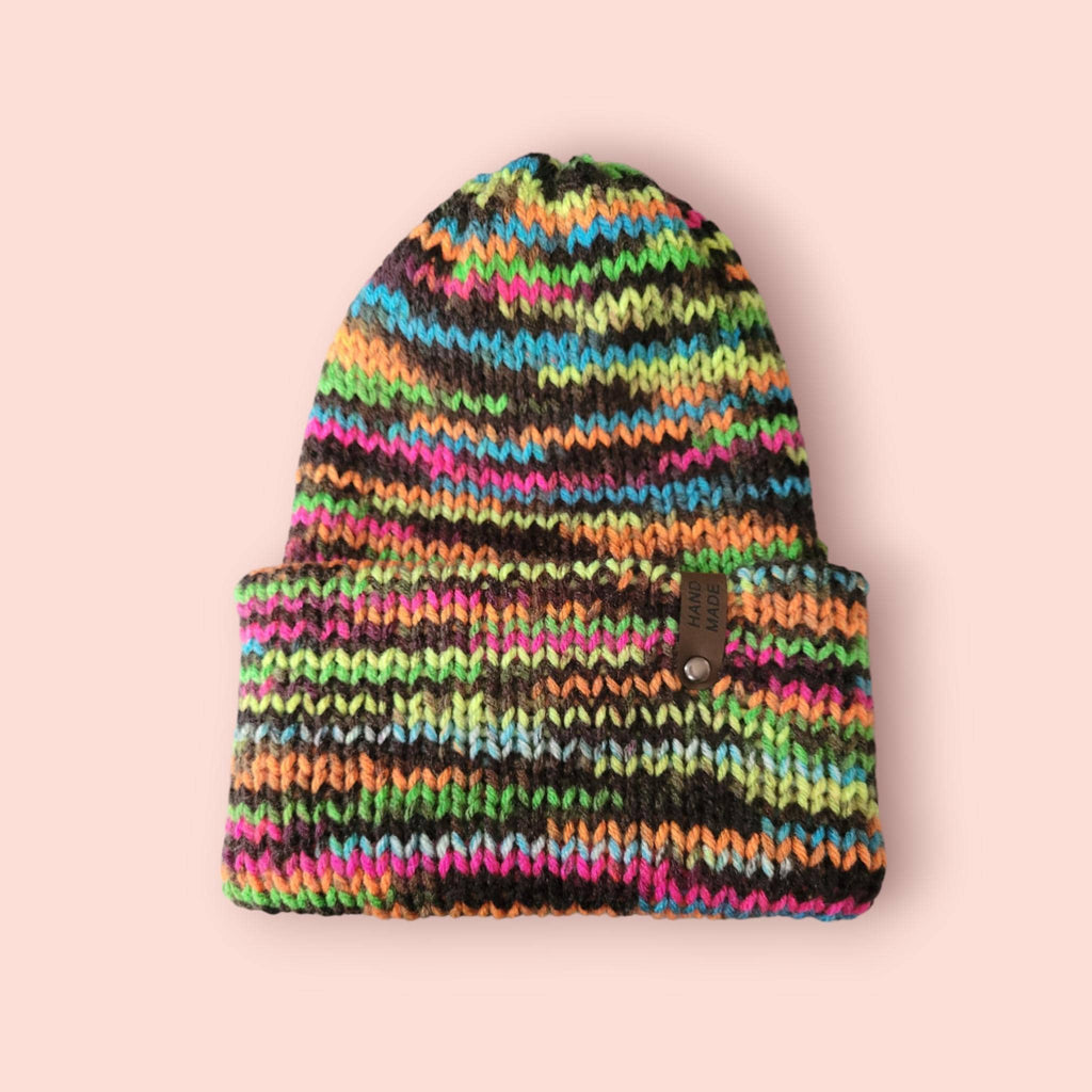 neon black beanie hat, bright colours,  size S -M,  folded brim, double layer, warm beanie, acrylic