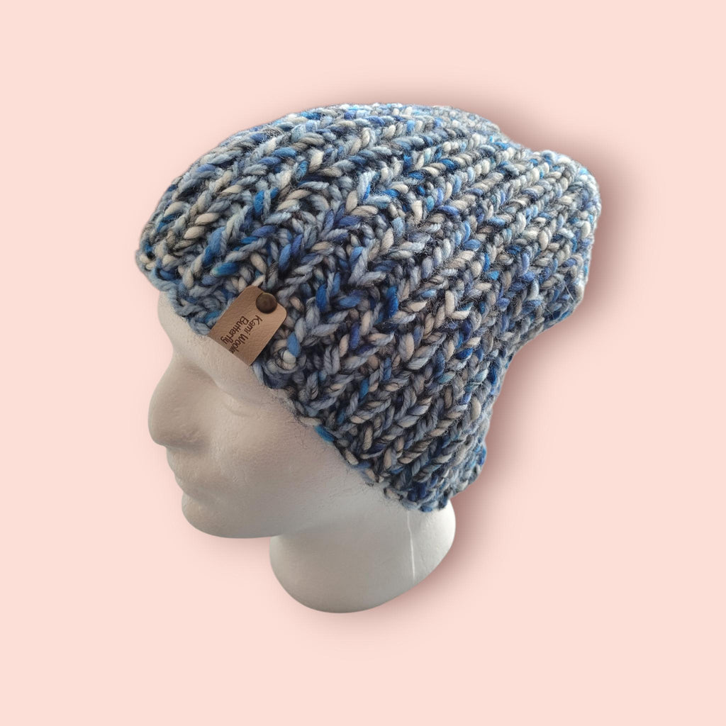 hand knitted beanie hat,  in blue,  grey and white, with wool, slouchy fit, size XL