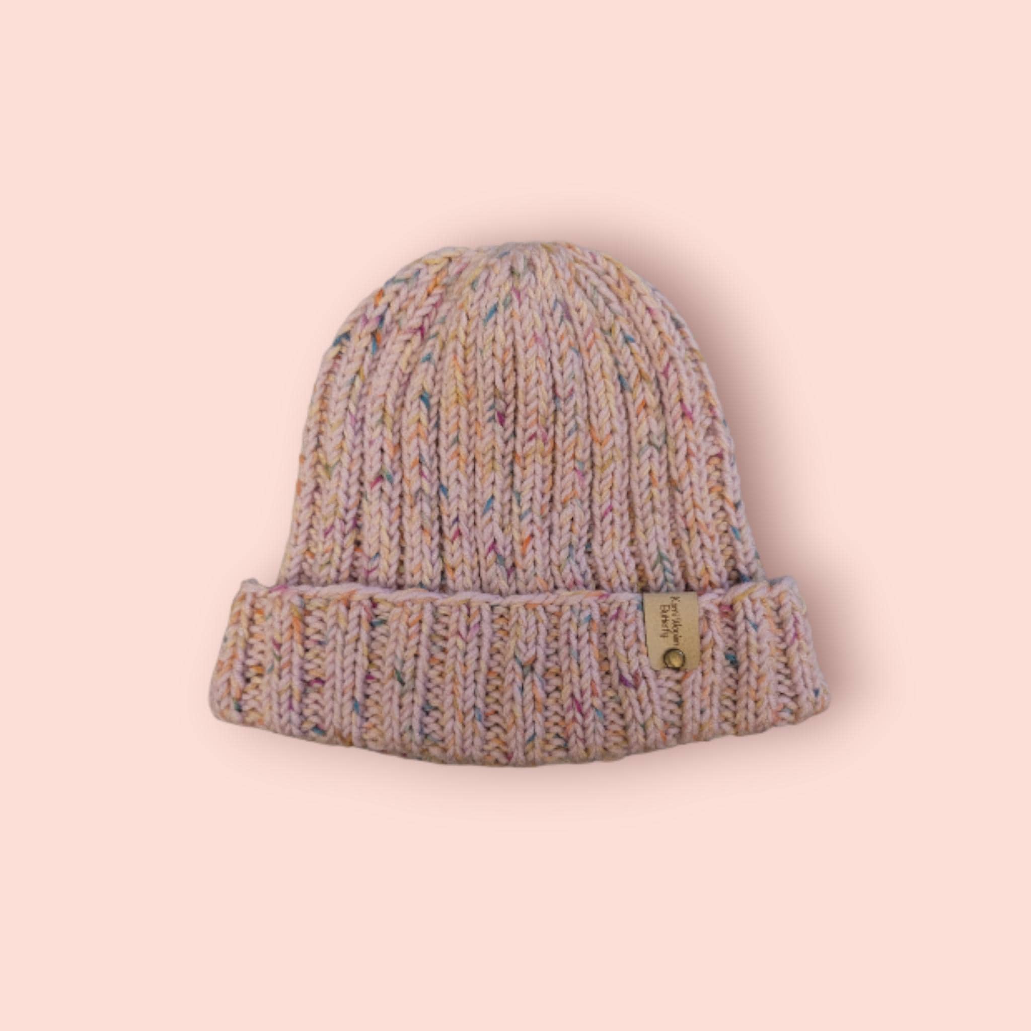 handmade beanie hat, light pink marble, 100% merino wool, stretchy fit