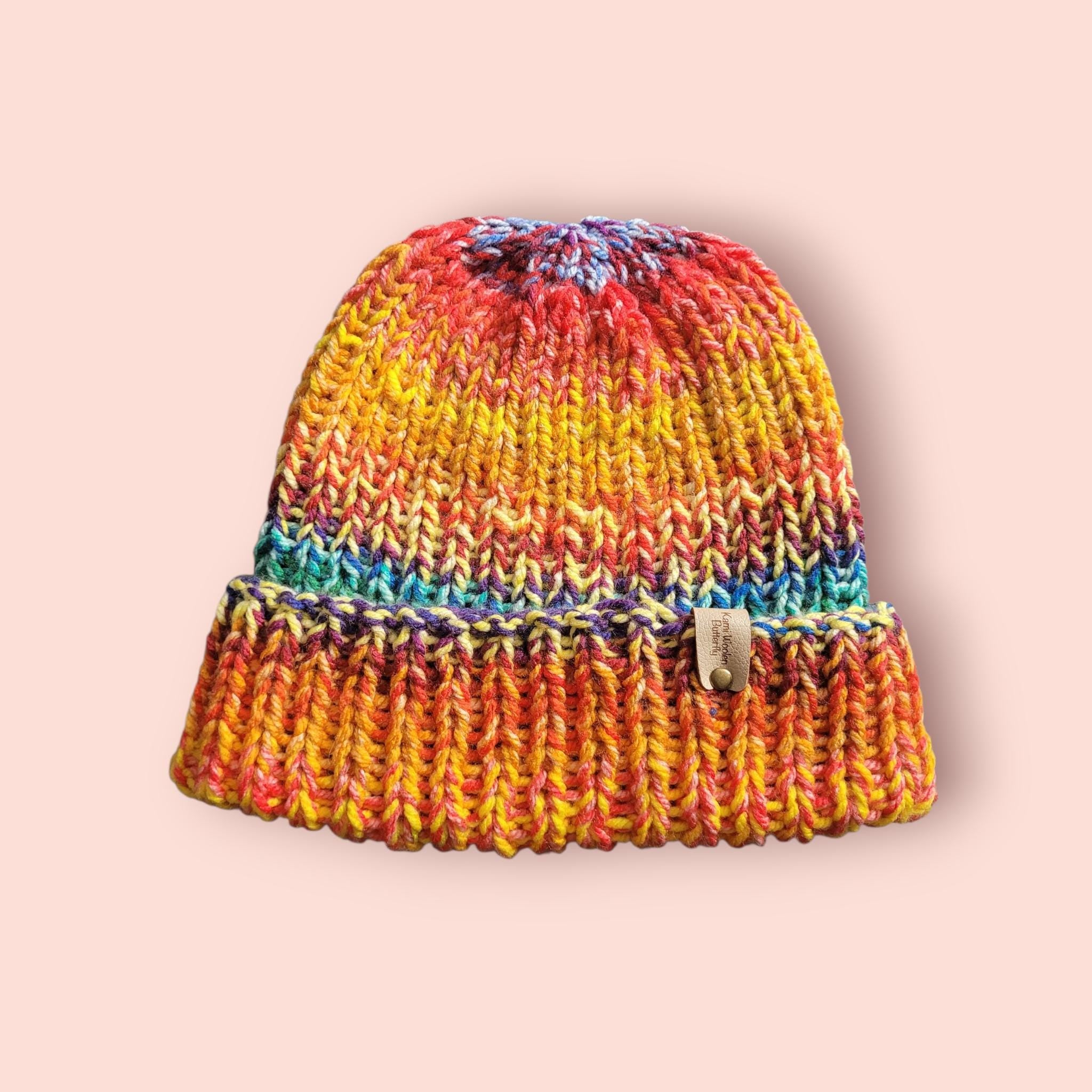 handmade beanie hat, sunset colours, size L-XL, acrylic