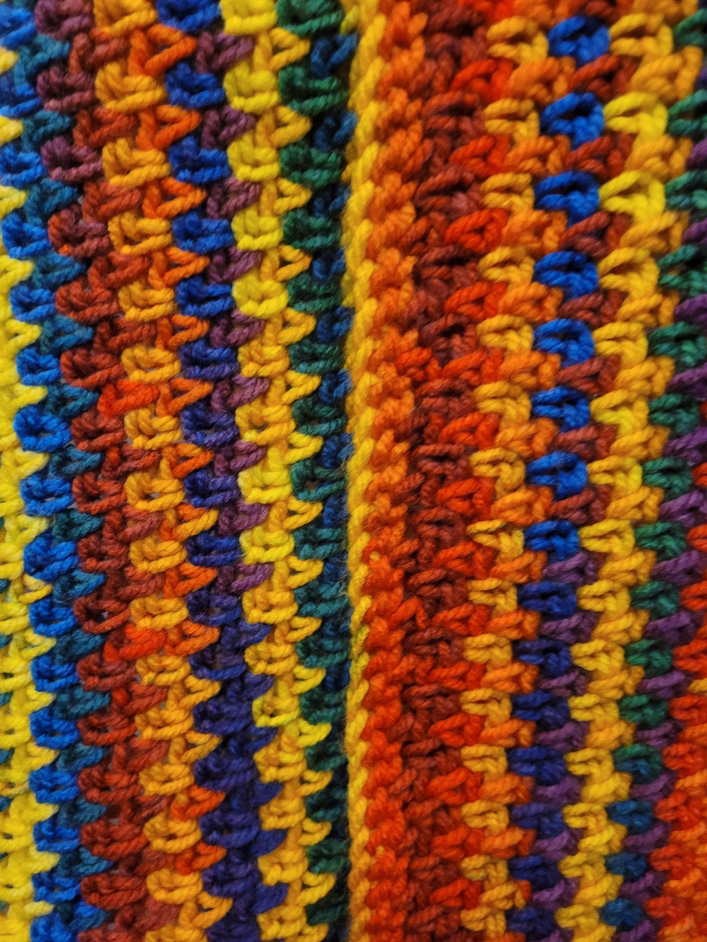 handmade crochet scarf, bright colours, yellow, red, blue, purple and green  acrylic