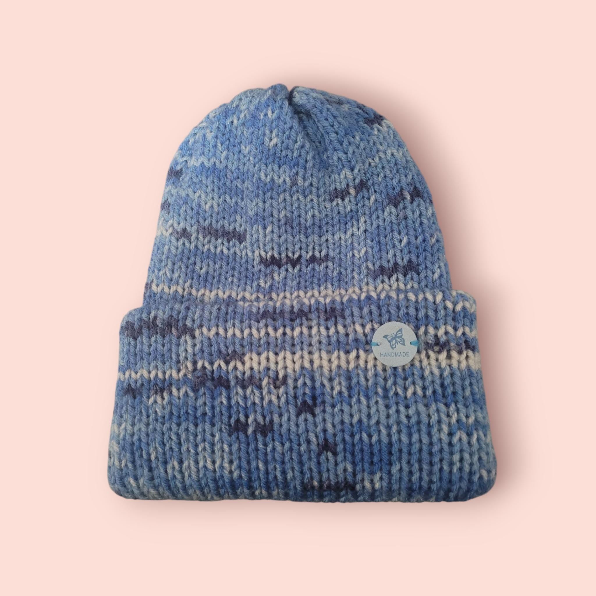 Blue marble beanie hat, stretchy fit,  double layer,  folded brimm, acrylic, shades of blue