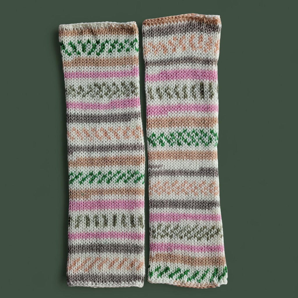 handmade leg warmers, fair isle effect, white, pink and green, acrylic