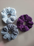 set of 3 scrunchies,  purple,  light blue,  storm blue