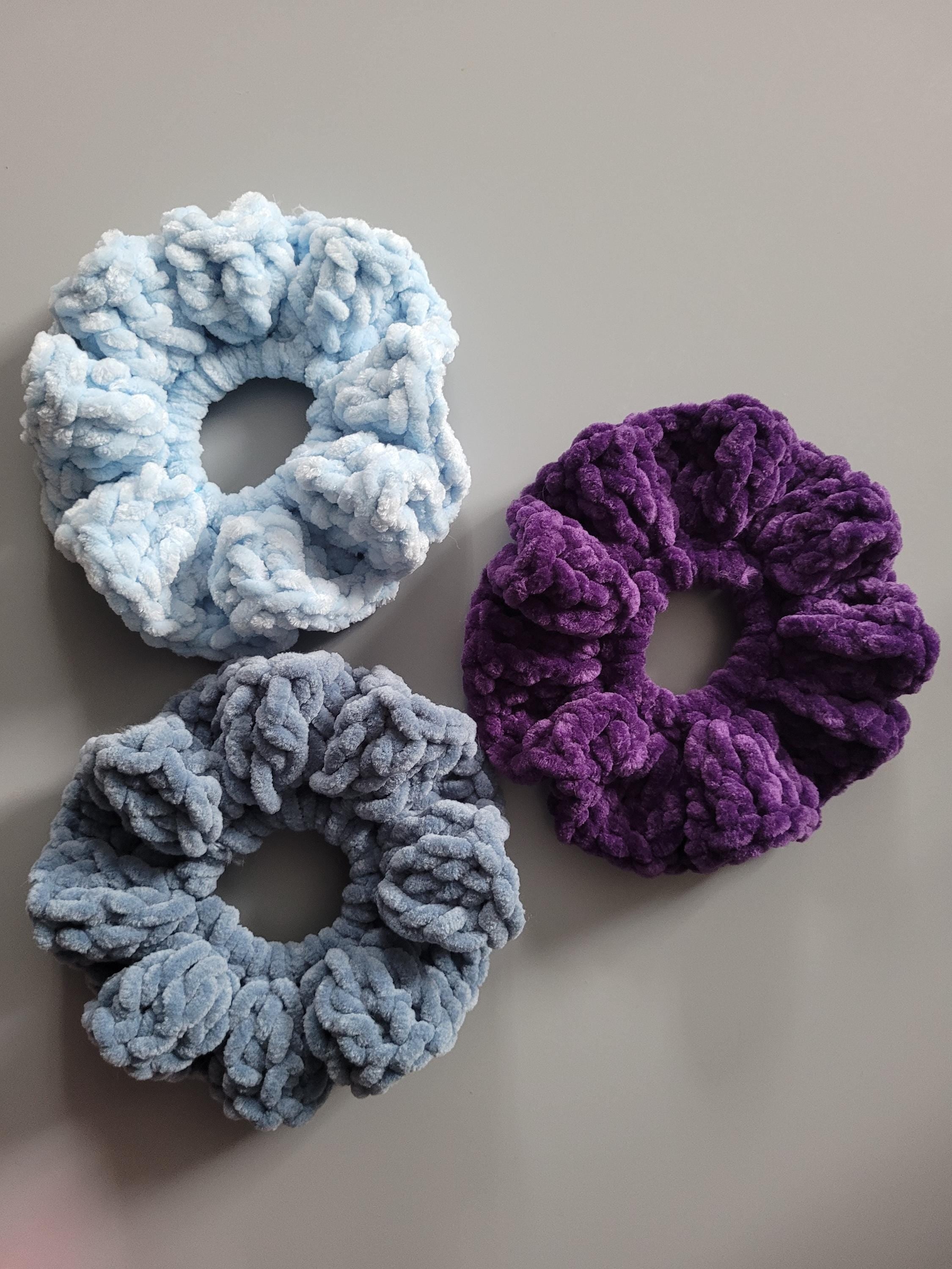 set of 3 scrunchies,  purple,  light blue,  storm blue
