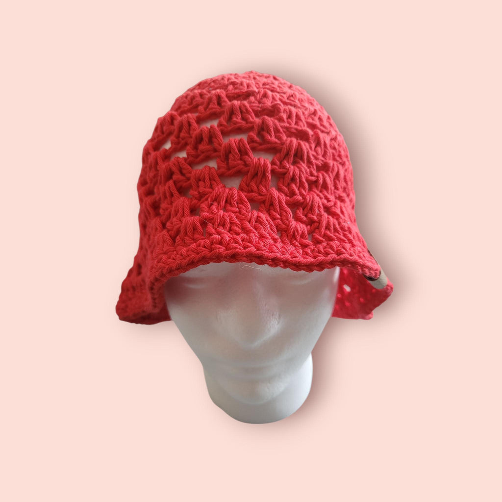 handmade crochet bucket hat,  red, cotton,  festival, holiday,  summer,  beach hat