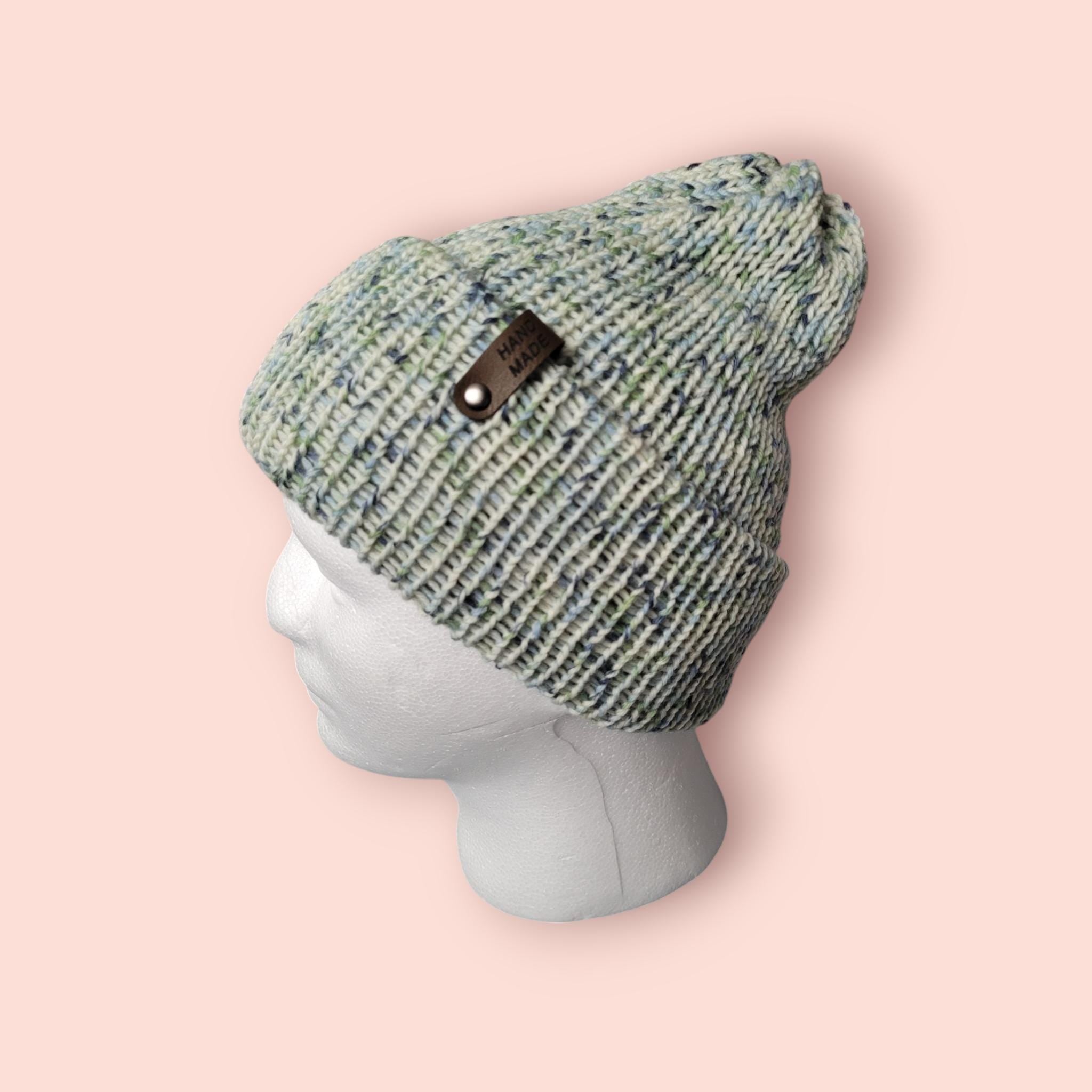 organic merino wool beanie hat, crem, green and blue. Very warm, perfect for winter activities,  breathable