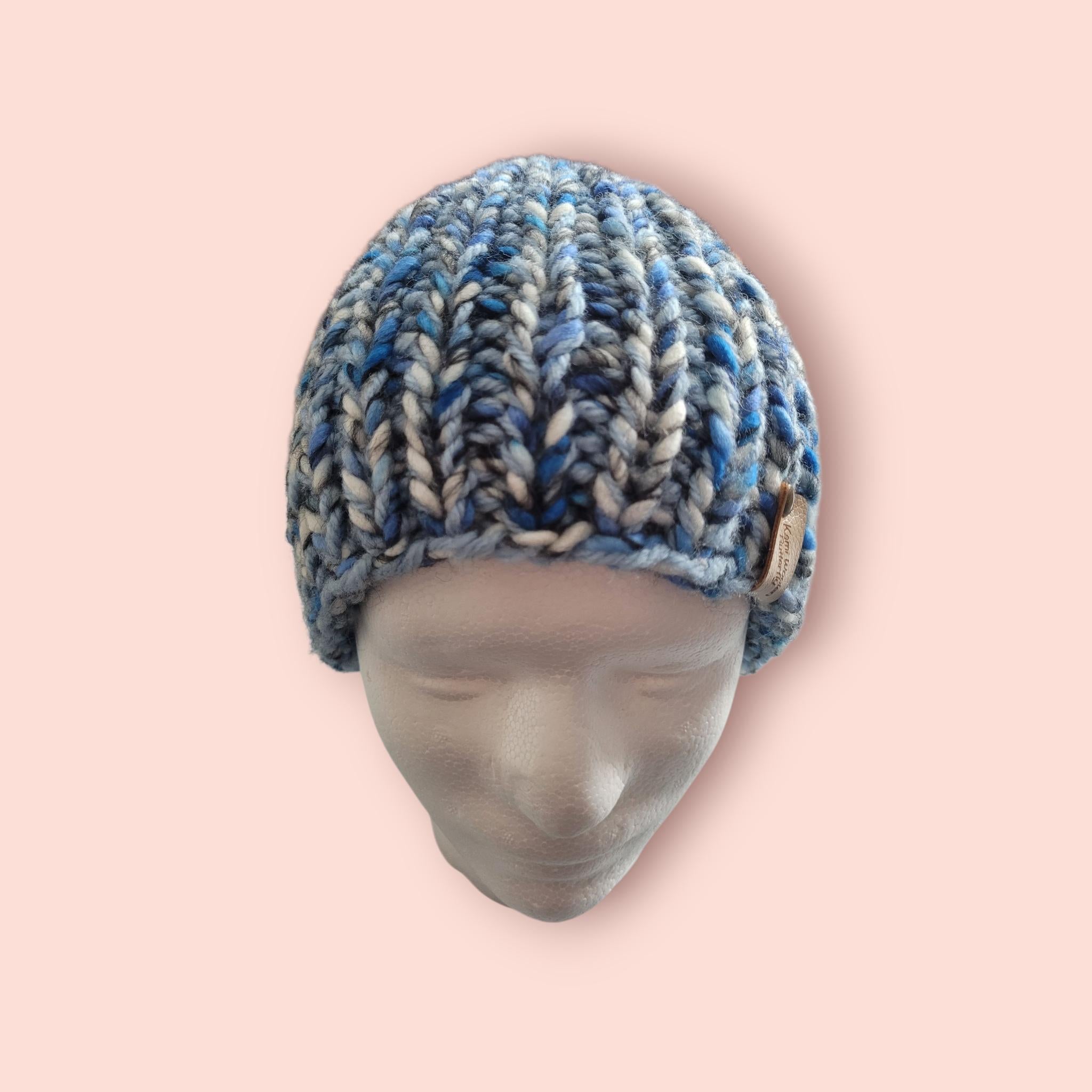 hand knitted beanie hat,  in blue,  grey and white, with wool, slouchy fit, size XL