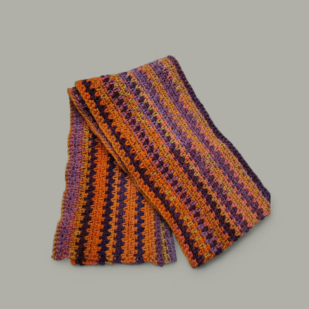 handmade crochet scarf, orange and purple shades, acrylic