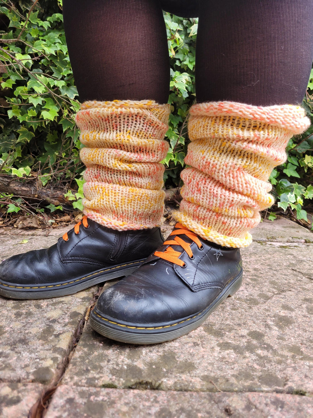 leg warmers,  woolen,  warm and breathable,  in warm colours, yellow, cream and pink