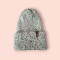 organic merino wool beanie hat, crem, green and blue. Very warm, perfect for winter activities,  breathable