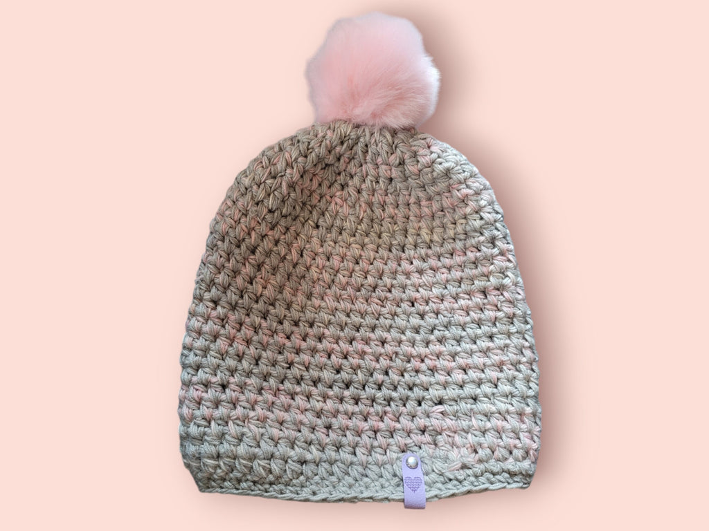 Slouchy beanie, grey/pink crochet hat with merino wool