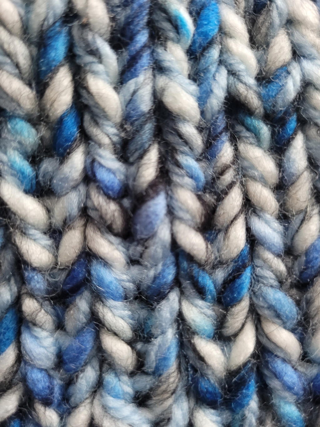 hand knitted beanie hat,  in blue,  grey and white, with wool, slouchy fit, size XL