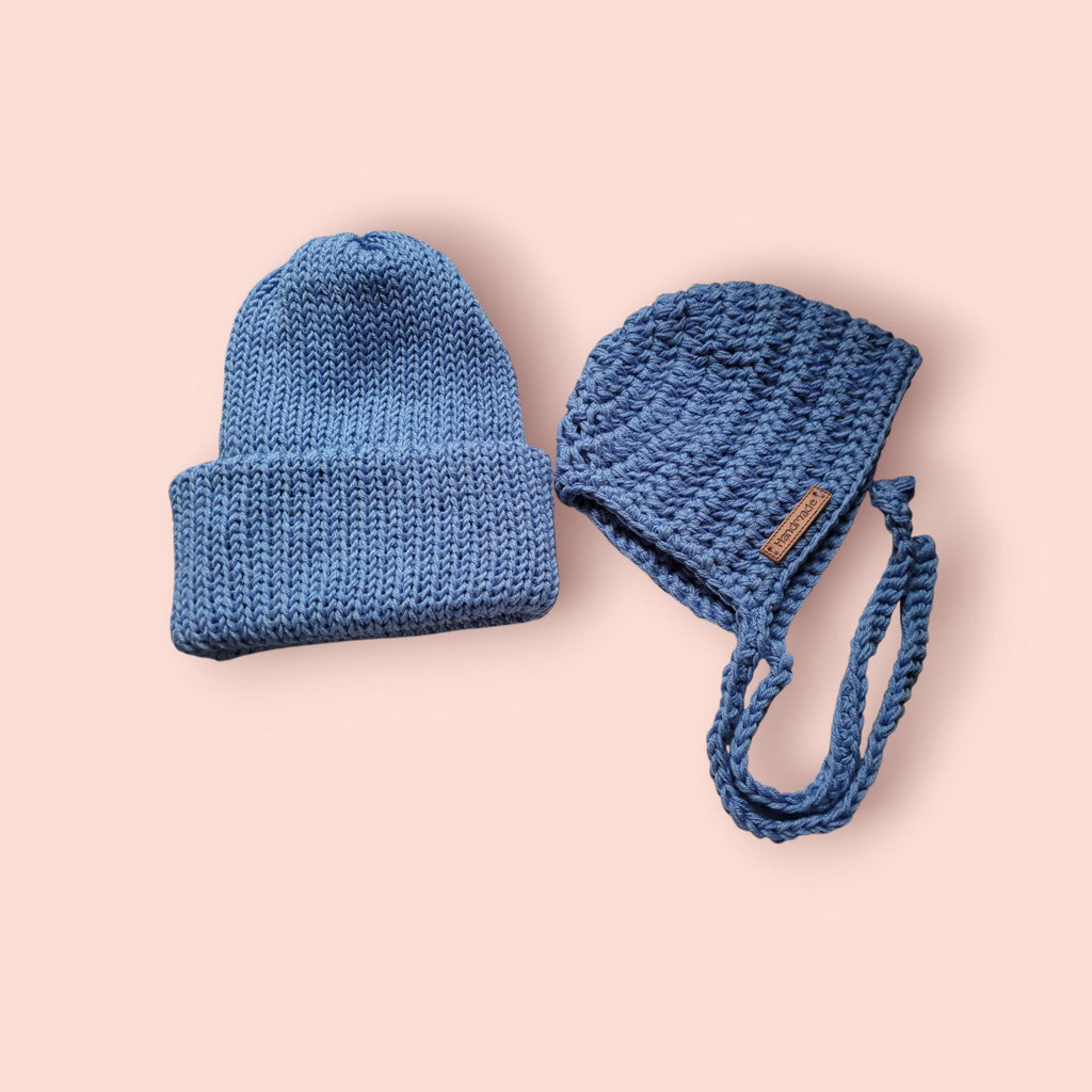 Newborn set of 2 hats, beanie and bonnet, blue